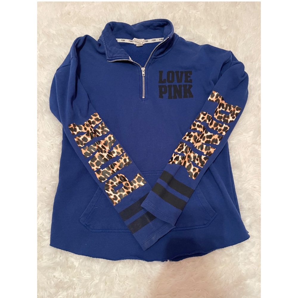 Victoria Secret PINK Crewneck Zip Neck Sweatshirt with Cheetah Print Detail